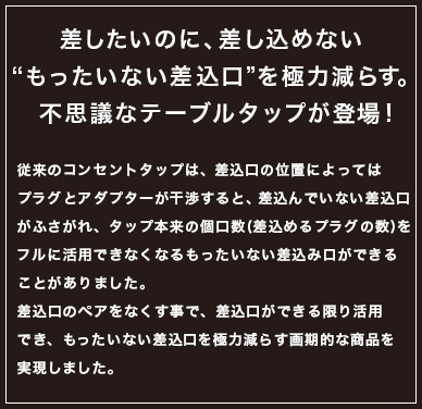 差したいのに、差し込めない。「もったいない差込口」を極力減らす。不思議なテーブルタップが登場！従来のコンセントタップは、差込口の位置によってはプラグとアダプターが干渉すると、差込んでいない差込口がふさがれ、タップ本来の固口数（差込めるプラグの数）をフルに活用できなくなるもったいない差込み口ができることがありました。差込口のペアをなくす事で、差込口ができる限り活用でき、もったいない差込口を極力減らす画期的な商品を実現できました。