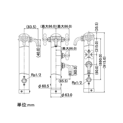 カクダイ ステンレス双口混合栓柱 固定コマ式 長さ915mm 鏡面仕上げ  624-204 画像2