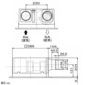 三菱 ダクト用ロスナイ 天井埋込形 フラットインテリアタイプ 埋込穴□395mm  VL-100ZS3 画像3