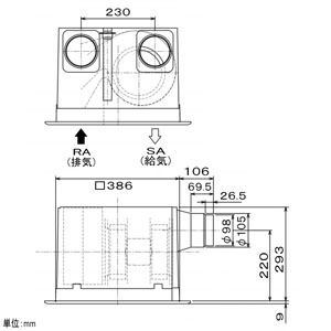 三菱 ダクト用ロスナイ 天井埋込形 フラット格子タイプ 埋込穴□395mm  VL-130ZSK3 画像3