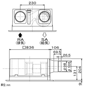 三菱 ダクト用ロスナイ 天井埋込形 フラット格子タイプ 埋込穴□395mm 急速排気機能・電気式シャッター付  VL-200ZSDK3 画像3