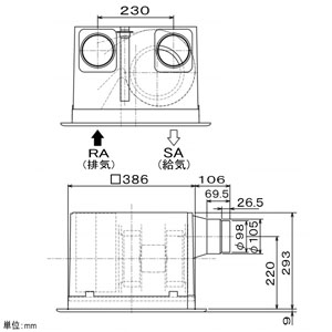 三菱 ダクト用ロスナイ 天井埋込形 フラットインテリアタイプ 埋込穴□395mm 急速排気機能・電気式シャッター付  VL-250ZSD3 画像3