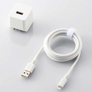 ELECOM AC充電器 Lightning高耐久ケーブル付属タイプ キューブ型 出力2.4A USB-A×1ポート ケーブル長1.5m ホワイト  MPA-ACL09WH
