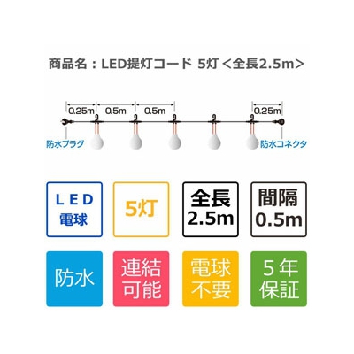 長谷川製作所 LED電球一体型提灯コード 防水仕様 屋外用 5灯 全長2.5m 防水プラグ・防水コネクタ付  CCLB025L05P05 画像2