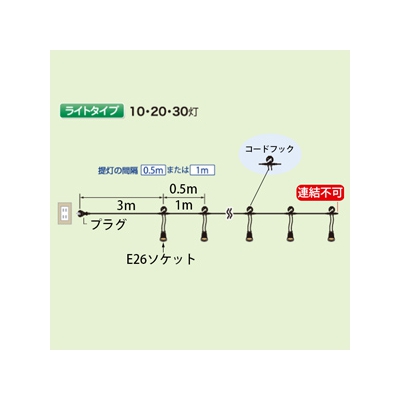 長谷川製作所 ワンタッチ提灯コード ライトタイプ 屋内用 10灯 全長7.5m E26ソケット 防水プラグ付  CCA075L10P05 画像2