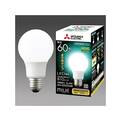 三菱 LED電球 《MILIE ミライエ》 全方向タイプ 一般電球形 60W形相当 全光束810lm 昼白色 E26口金  LDA6N-G/60/S-A