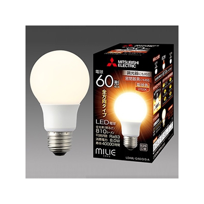 三菱 LED電球 《MILIE ミライエ》 全方向タイプ 一般電球形 60W形相当 全光束810lm 電球色 調光器対応タイプ E26口金  LDA8L-G/60/D/S-A
