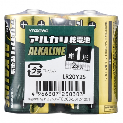 YAZAWA(ヤザワ) 【在庫限り】アルカリ乾電池 単1形 2本入 シュリンクパック LR20Y2S