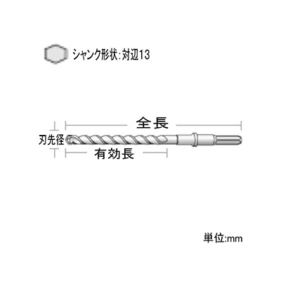 ユニカ 六角軸ビット HEXタイプ・ロング 打撃+回転用 刃先径34.0mm シャンクサイズ:対辺13mm  HEXL34.0X505 画像2